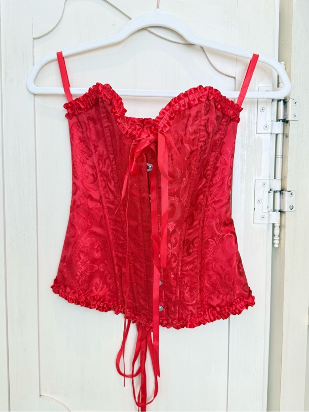 Red Satin Brocade Corset Top with Ruffle Trim